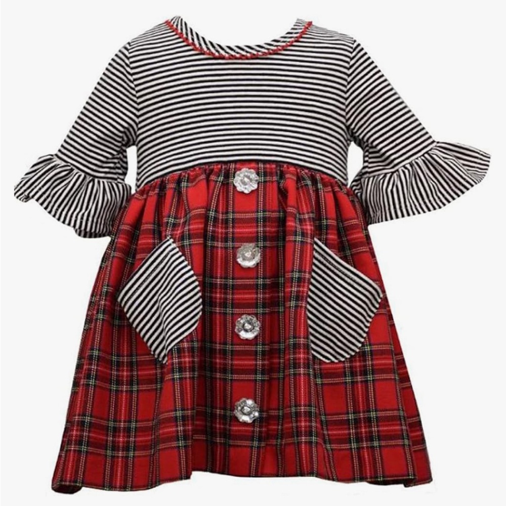 Bonnie Jean Red Striped Top Plaid Skirt Christmas Dress Little Girls